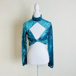 Blue Crushed Velvet Twist Front Cut Out Long Sleeve Crop Top